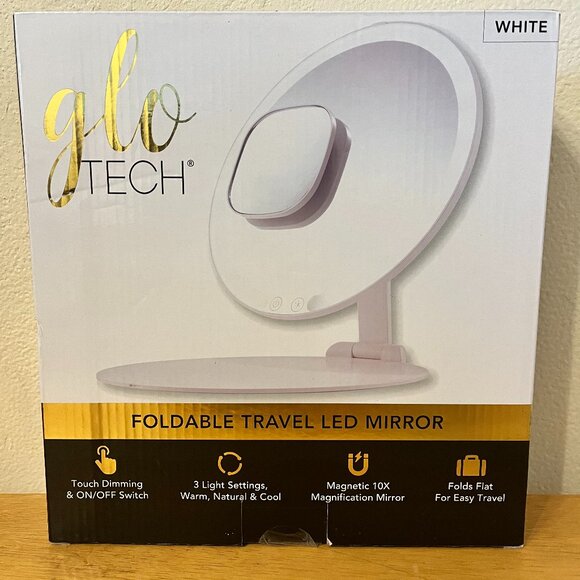 Glo Tech Foldable Travel Makeup LED Mirror, White - New, Unsealed Box - Picture 1 of 4